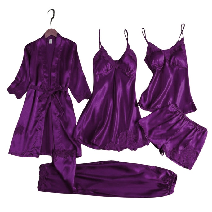 Purple satin loungewear set including a robe, nightgown, and pants on a white background.