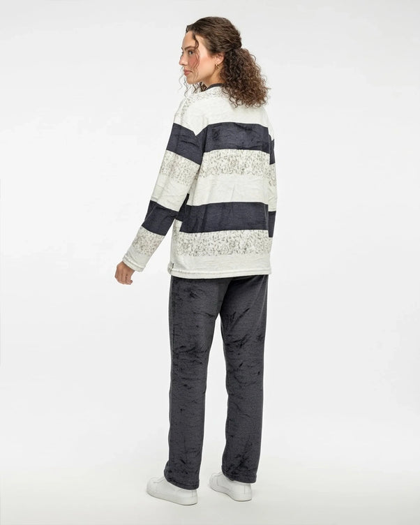 Sajiero Black And White Stripes Fleece Pajama Suit
