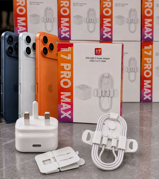 17 PRO MAX 3 PIN 35W Dual USB-C Fast Charger Kit Compatible with iPhone 17 Pro Max 16 15 Plus | Ultra-Fast Compact Power Adapter & Wrapped Type-C to C Charging Cable Set | Heavy-Duty Multi-Port Travel Wall Plug Combo