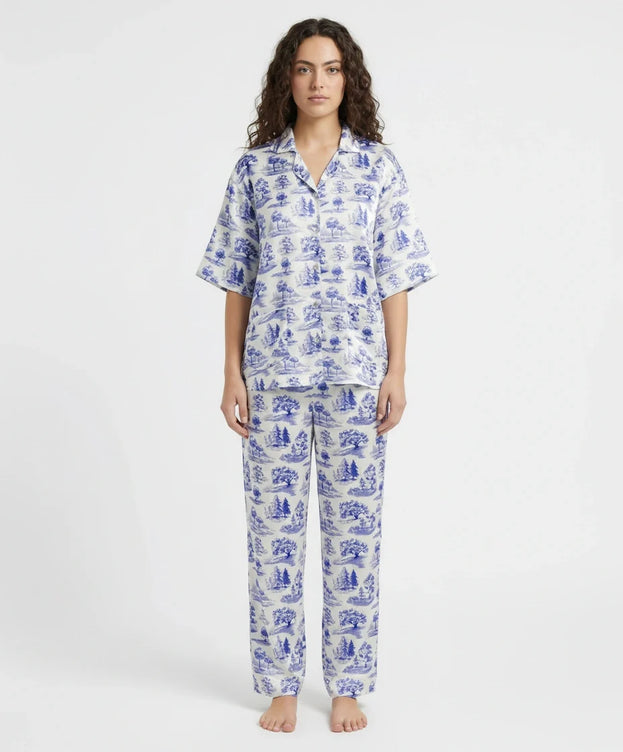 Sajiero Drop Shoulder Silk Pajama Suit - Blue Meadow