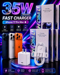 Original 35W Fast Charger For iPhone 17 Pro Max 17 Pro USB-C Power Adapter With Type C To C Cable Kit, Premium Quality PD Fast Charging Adapter, Smart Chip Protection Quick Wall Charger