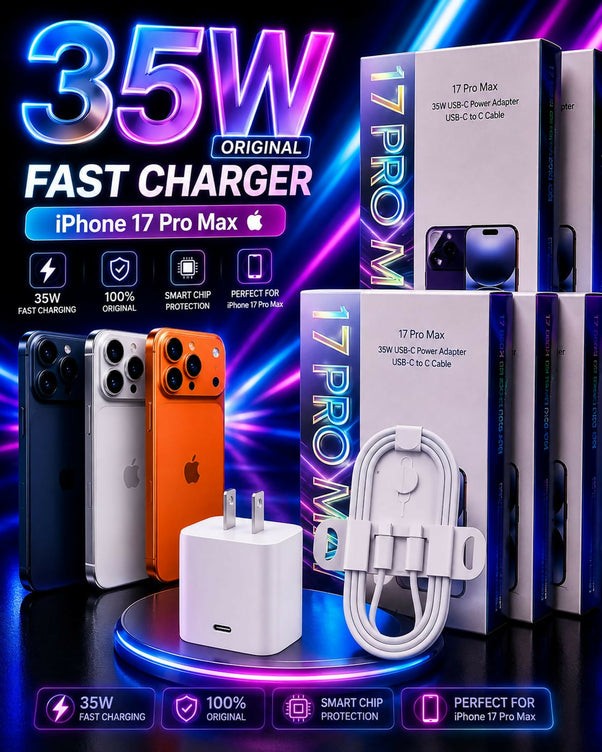 Original 35W Fast Charger For iPhone 17 Pro Max 17 Pro USB-C Power Adapter With Type C To C Cable Kit, Premium Quality PD Fast Charging Adapter, Smart Chip Protection Quick Wall Charger