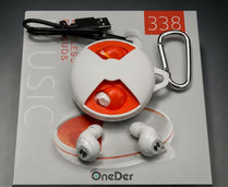 OneDer 338 Wireless Earbuds Bluetooth Headphones Mini Portable Charging Case with Carabiner Clip – White & Orange