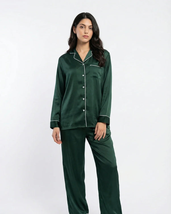Sajiero Satin Silk Pajama Suit - Noir - Dark Green