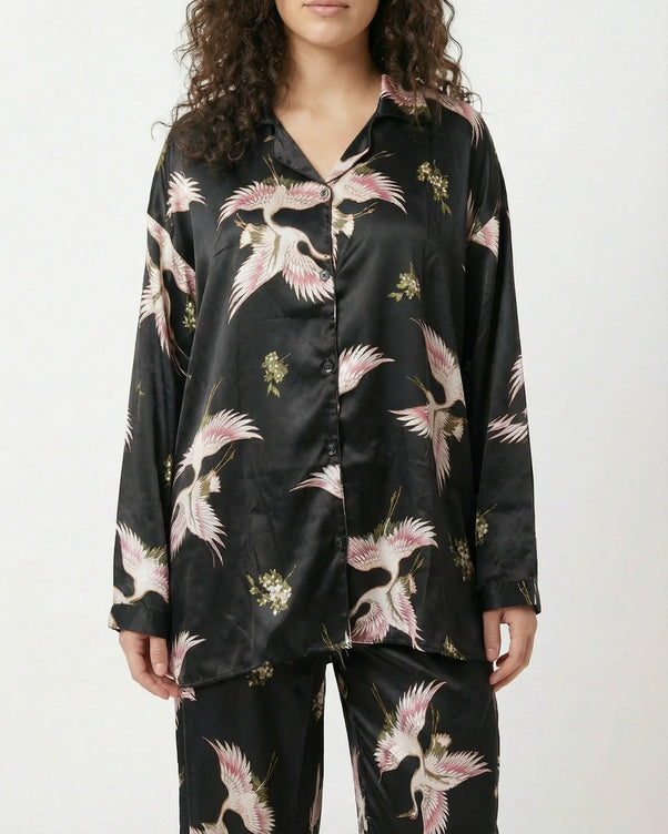 Sajiero Oversized Silk Pajama Suit - Flamingo - Black