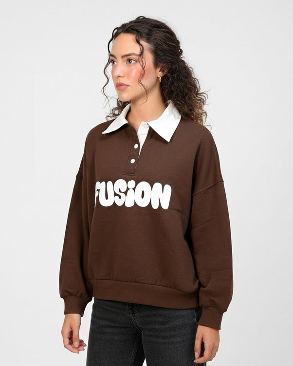 Sajiero Fleece Polo Style Sweatshirt - FUSION - Brown