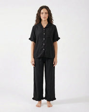 Sajiero Half Sleeves PJ Set - Linen Comfort - Black