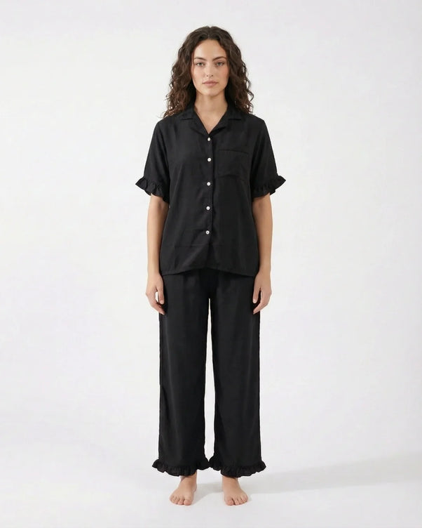 Sajiero Half Sleeves PJ Set - Linen Comfort - Black