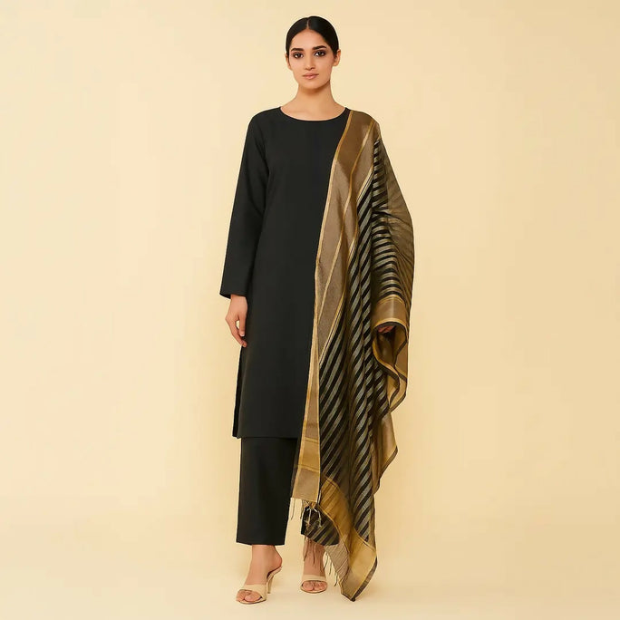 3 Pieces Unstitched Katan Silk Plain Shirt & Trouser With Organza Lining Dupatta For Womens & Girls