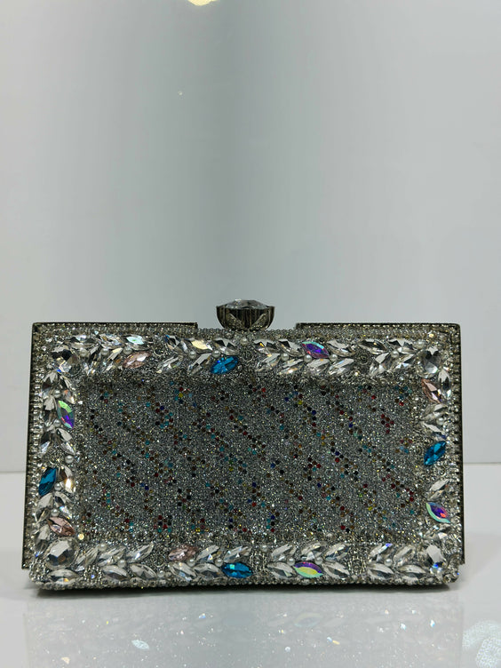 Floral Crystal Bordered Hard Case Clutch Bag for Women - Elegant Formal Evening & Party Purse