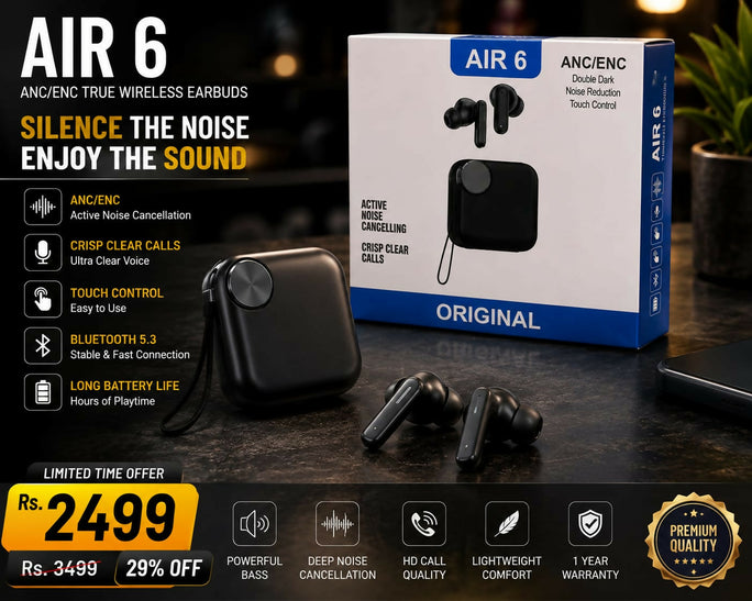 Original Air 6 Wireless Bluetooth Earbuds Noise Cancelling TWS Gaming Headset | Waterproof Sport Earphones, Immersive Sound, Heavy Bass Buds with Mic, Wide Compatibility for All Smartphones