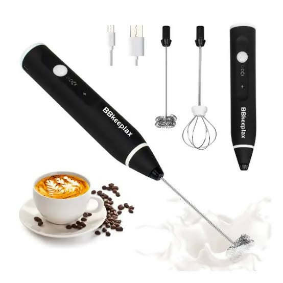 2 in 1 USB Rechargeable Milk Frother & Coffee Beater with 2 Stainless Steel Whisk Heads – Handheld Electric Egg Whisk, Latte Foamer and Drink Mixer