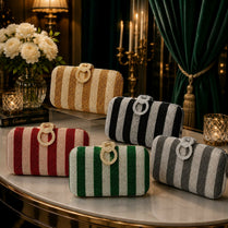 Glamorous Diamond Mesh Striped Clutch Purse for Women & Girls - Stylish Metal Handle Party Handbag