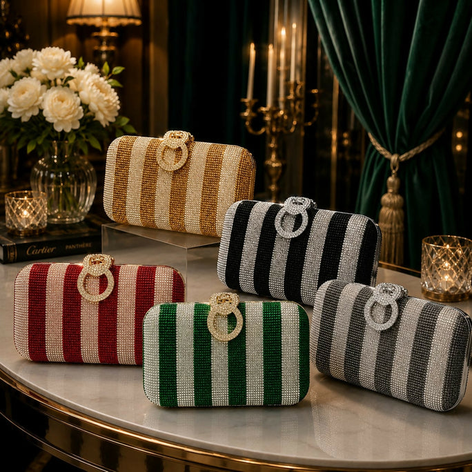 Glamorous Diamond Mesh Striped Clutch Purse for Women & Girls - Stylish Metal Handle Party Handbag