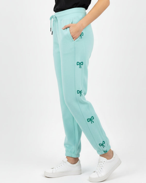 Sajiero Fleece Trouser -Bow Print - Aqua Blue