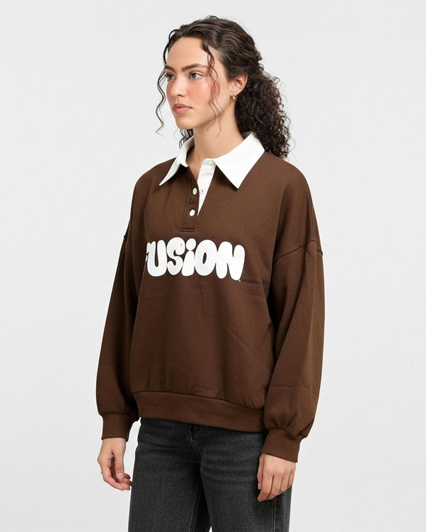Sajiero Fleece Polo Style Sweatshirt - FUSION - Brown