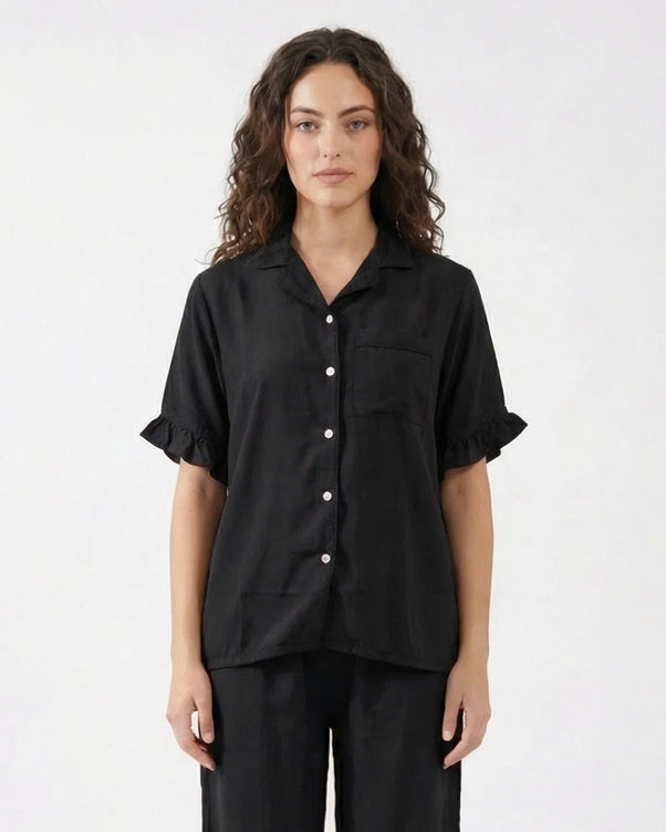 Sajiero Half Sleeves PJ Set - Linen Comfort - Black