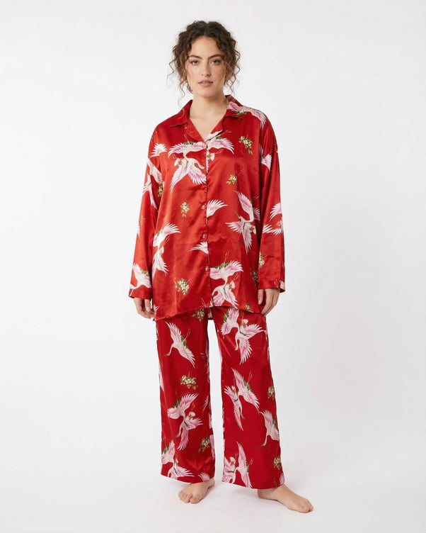 Sajiero Oversized Silk Pajama Suit - Flamingo - Red