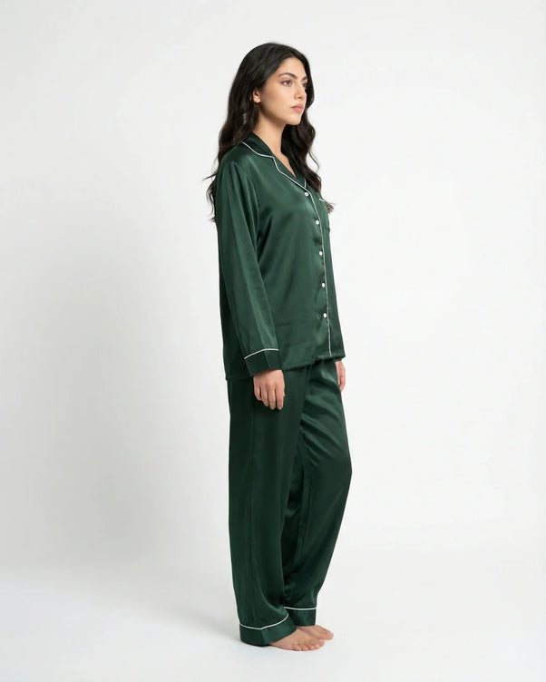 Sajiero Satin Silk Pajama Suit - Noir - Dark Green