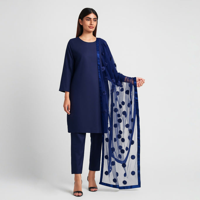 Unstitched 3 Piece Collection Katan Silk Plain Shirt & Trouser With Net Dupatta For Women Dress for women