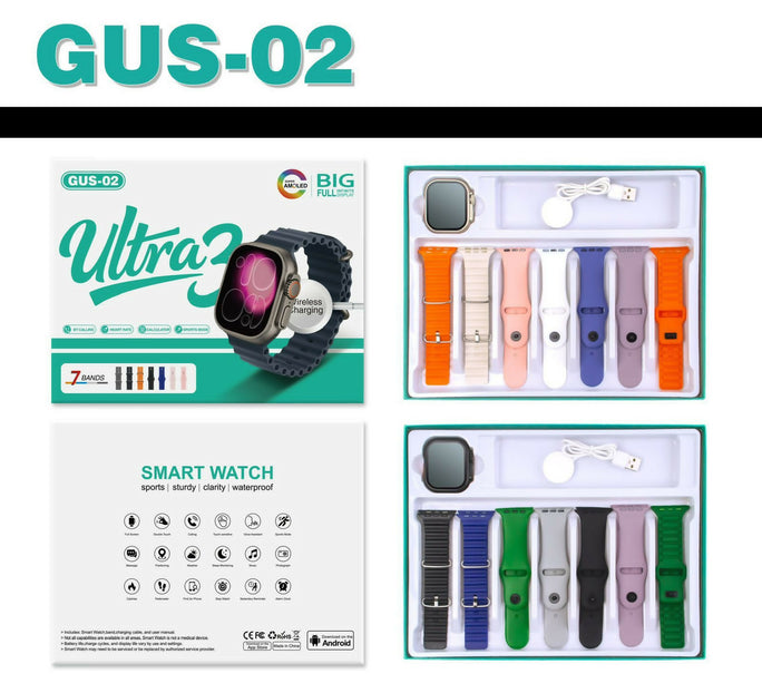 "GUS-02 Smart Watch ULTRA 3 Original AMOLED Display - 7-in-1 Combo Pack with 7 Premium Straps | All-in-One Smartwatch for iOS & Android"
