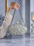 Hand Beaded Oval Evening Clutch Bag for Women - Pearl Top Clasp with Detachable Chain Strap