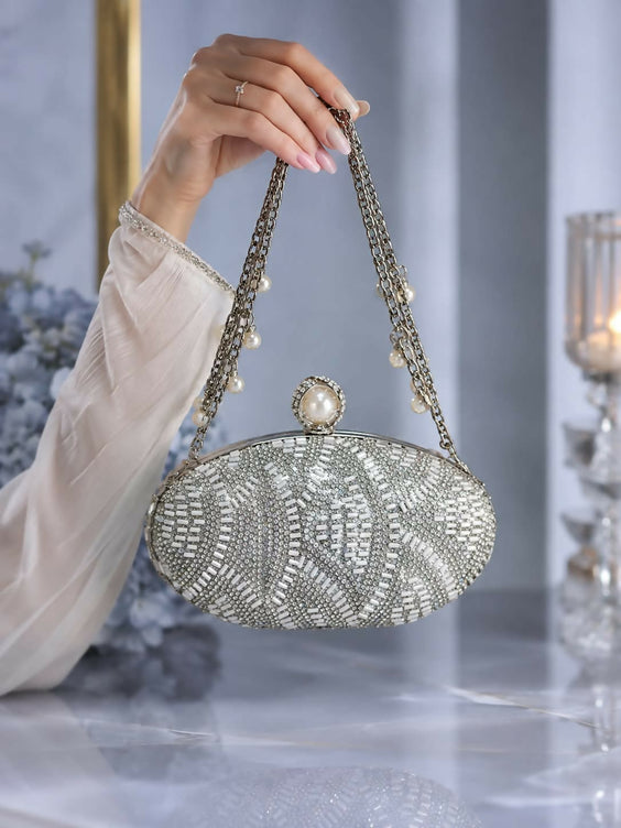 Hand Beaded Oval Evening Clutch Bag for Women - Pearl Top Clasp with Detachable Chain Strap