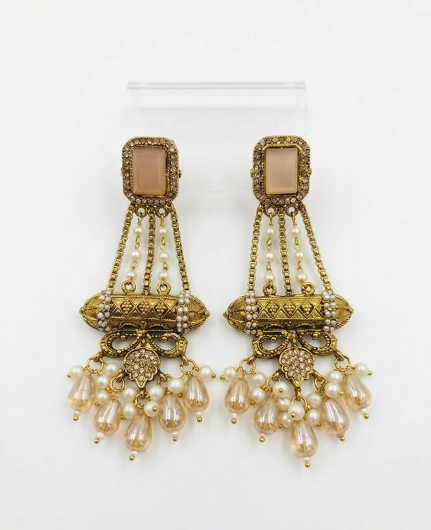 Elegant Turkish Manjus Long Drop Earrings for Women - Traditional Antique Style Filigree Hanging Earrings with Pearl Accents