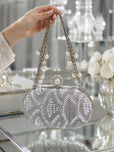 Hand Beaded Oval Evening Clutch Bag for Women - Pearl Top Clasp with Detachable Chain Strap