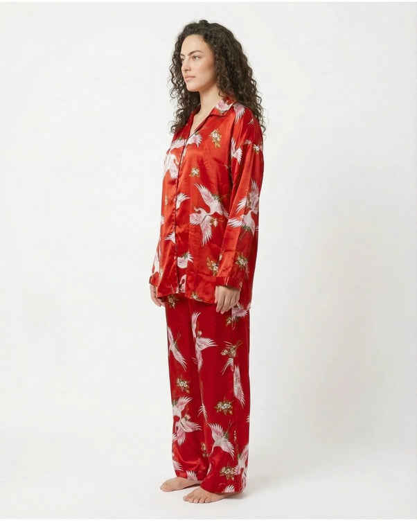 Sajiero Oversized Silk Pajama Suit - Flamingo - Red