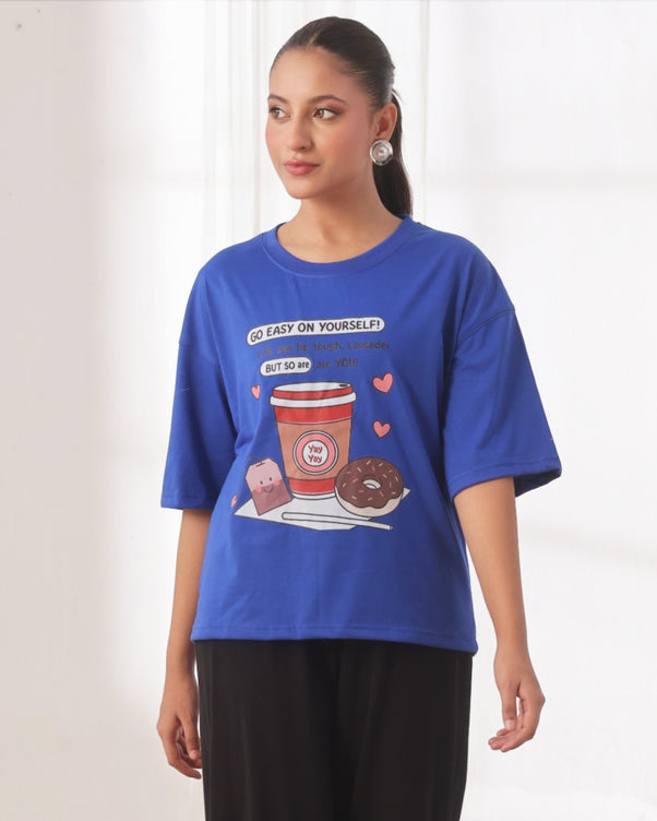 Sajiero Drop Shoulder Graphic Tee - Go Easy Blue