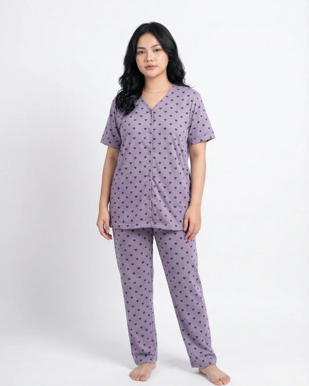 Sajiero Cotton PJ Set - Heart Bliss - Purple