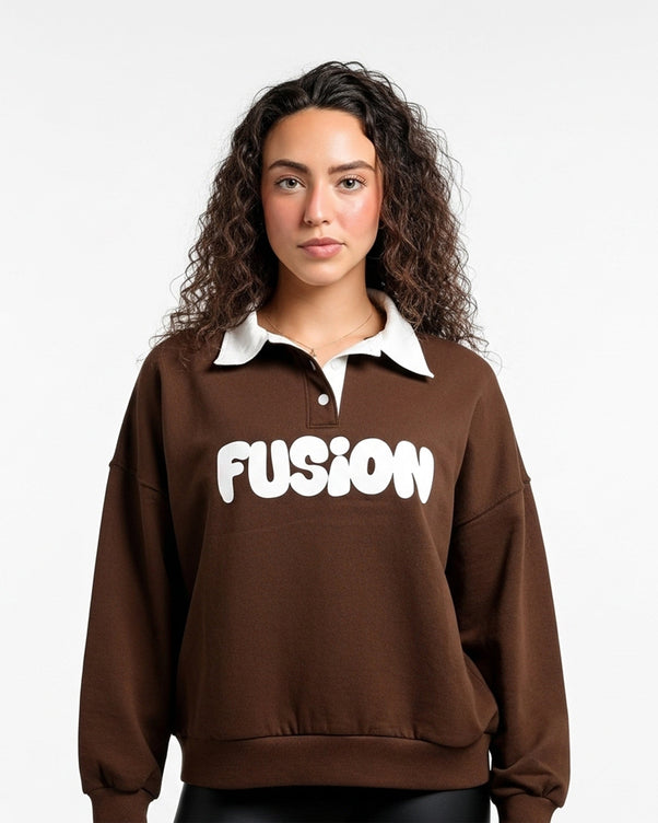 Sajiero Fleece Polo Style Sweatshirt - FUSION - Brown