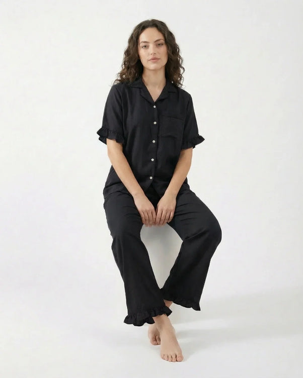 Sajiero Half Sleeves PJ Set - Linen Comfort - Black