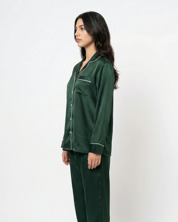 Sajiero Satin Silk Pajama Suit - Noir - Dark Green