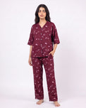 Sajiero Linen Oversized PJ Set - Floral Breeze - Maroon