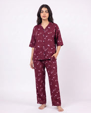 Sajiero Linen Oversized PJ Set - Floral Breeze - Maroon