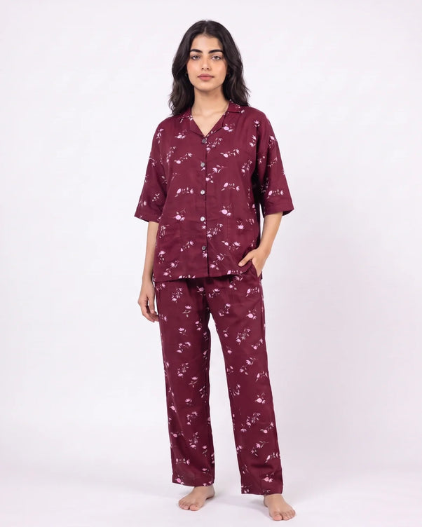 Sajiero Linen Oversized PJ Set - Floral Breeze - Maroon