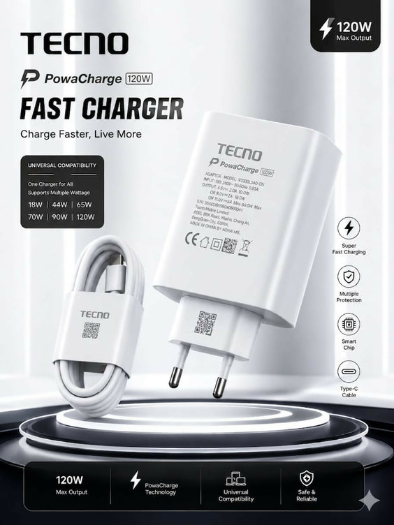 Original TECNO 120W Super Fast Charger with Type-C Cable