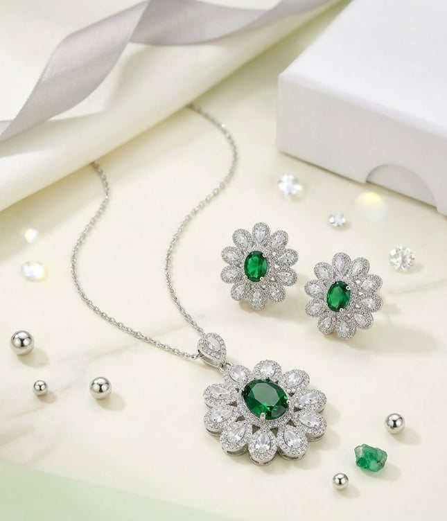 Elegant Floral Cluster Pendant Necklace & Matching Stud Earrings Set for Women - Crystal Flower Jewellery Set