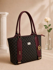 Elegant Monogram Pattern Shoulder Tote Bag for Women - Spacious Printed Handbag with Front Pocket