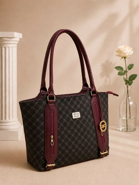 Elegant Monogram Pattern Shoulder Tote Bag for Women - Spacious Printed Handbag with Front Pocket
