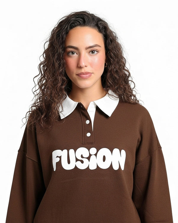 Sajiero Fleece Polo Style Sweatshirt - FUSION - Brown