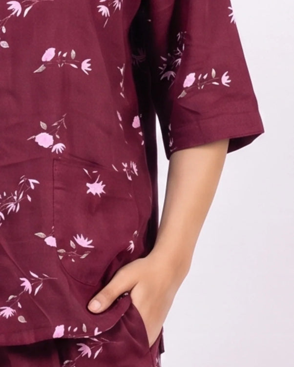 Sajiero Linen Oversized PJ Set - Floral Breeze - Maroon