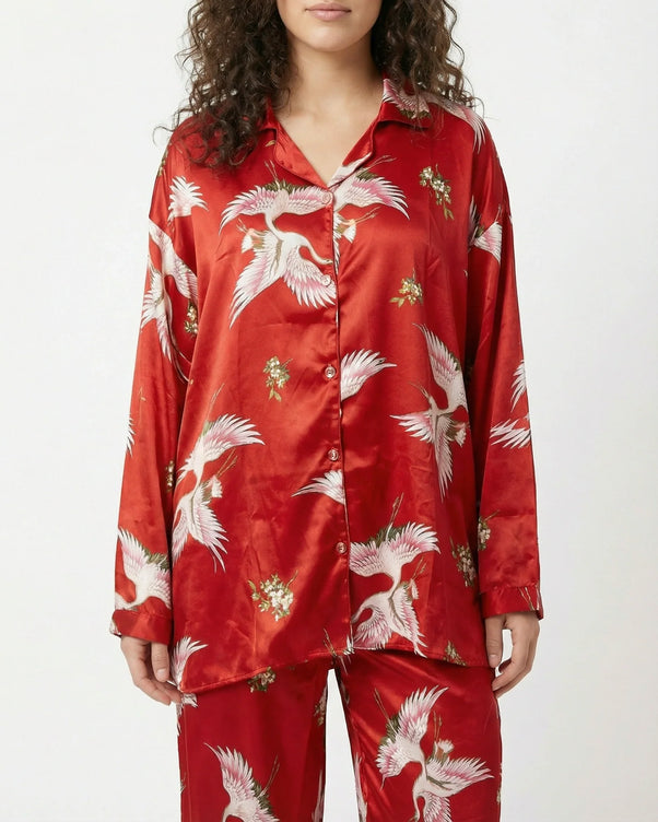 Sajiero Oversized Silk Pajama Suit - Flamingo - Red