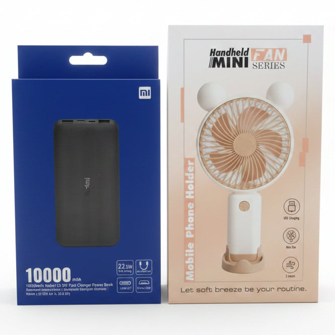 Mini Handheld Fan + Mi 10000mAh Power Bank Combo Deal | Portable Rechargeable Fan & Fast Charging Power Bank