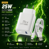 Realme 25W Light with Type-C Cable SuperVOOC Fast Charger Included | Ultra Fast Mobile Charging Adapter | Smart Multi-Layer Protection & Overheat Safety | Universal Compatibility USB-A Port Data Cable Compatible Wall Charger (Black)