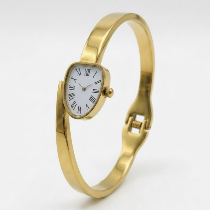 Gold Plated Bangle Bracelet with Teardrop Watch Dial for Women - Elegant Fashion Wristwatch & Jewellery