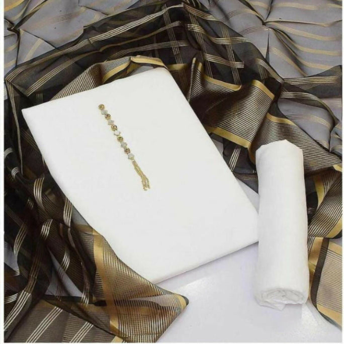 3 Pieces Unstitched Katan Silk Plain Shirt & Trouser With Organza Lining Dupatta For Womens & Girls
