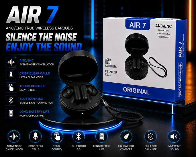 AIR 7 True Wireless Earbuds with ANC/ENC Active Noise Cancellation, Bluetooth 5.3 Headphones, Crisp Clear Calls, Touch Control, Long Battery Life, Waterproof Immersive Sound Earphones White , Black , Red , Orange